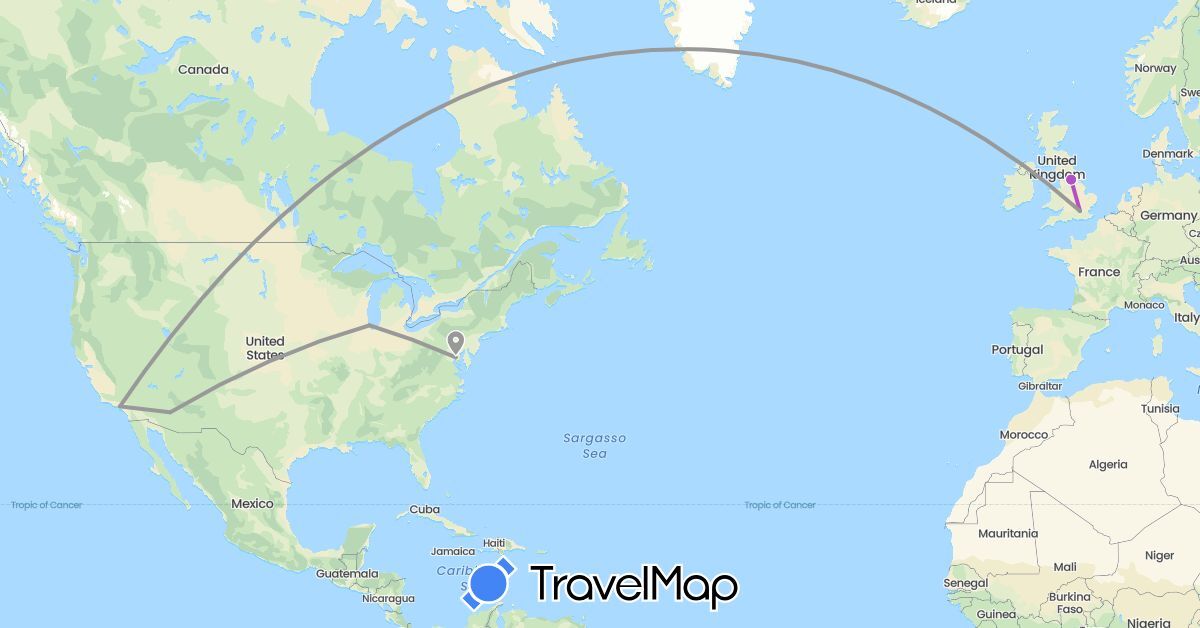 TravelMap itinerary: driving, plane, train in United Kingdom, United States (Europe, North America)